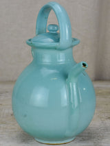 Vintage French water pitcher with lid and light blue glaze