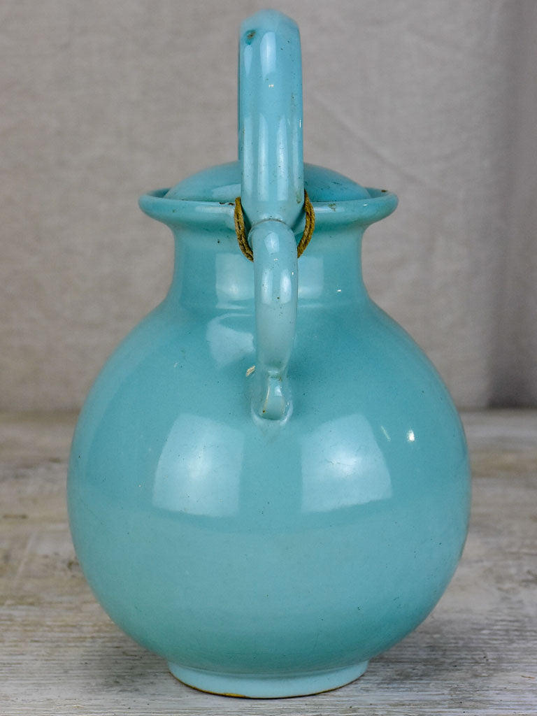Vintage French water pitcher with lid and light blue glaze