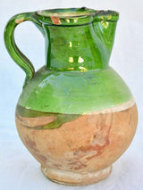 Antique French water pitcher with green glaze and pinched beak 10¼"