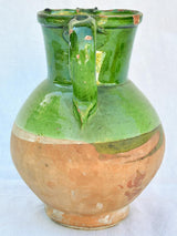 Antique French water pitcher with green glaze and pinched beak 10¼"