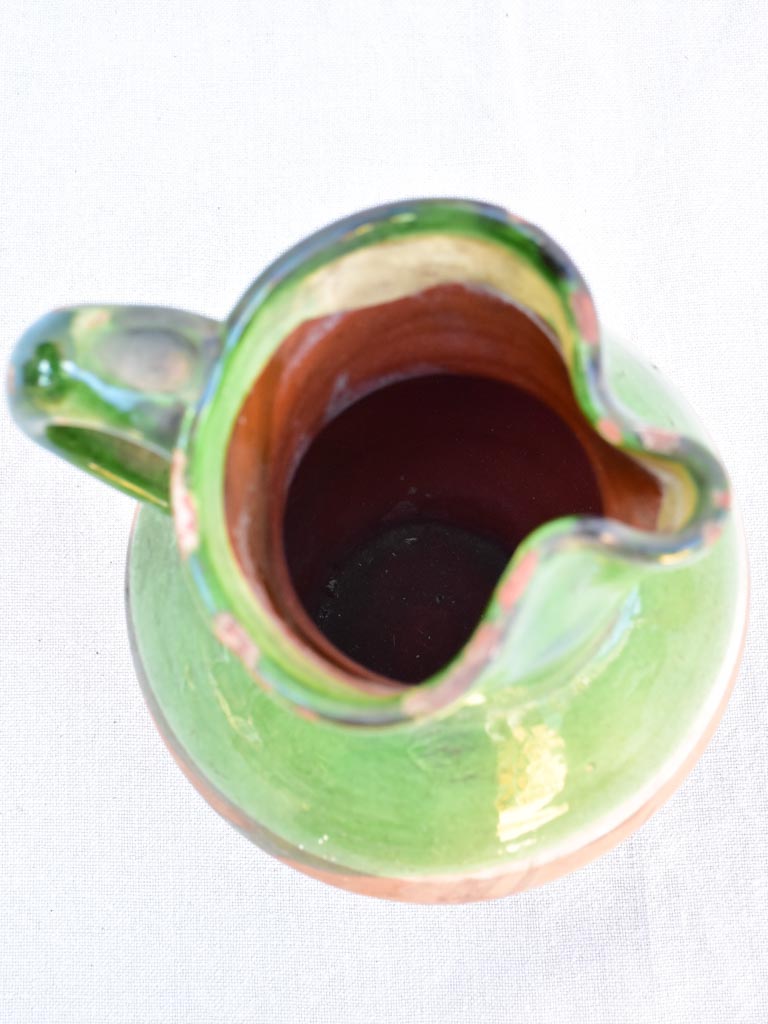 Antique French water pitcher with green glaze and pinched beak 10¼"