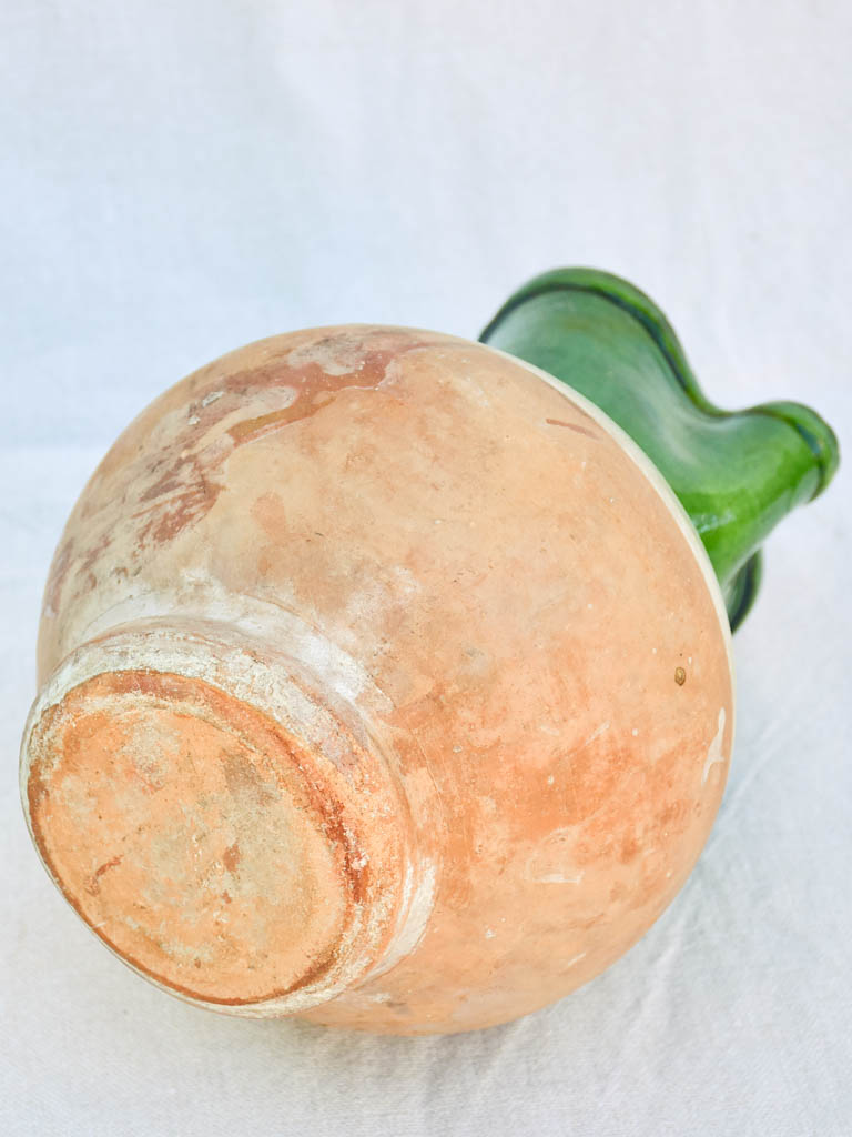 Antique French water pitcher with green glaze and pinched beak 10¼"