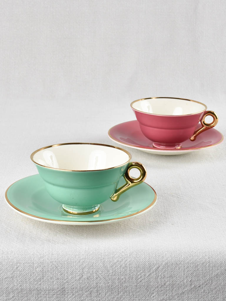 Two Salins tea cups and saucers - violet and green 1950s
