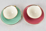 Two Salins tea cups and saucers - violet and green 1950s