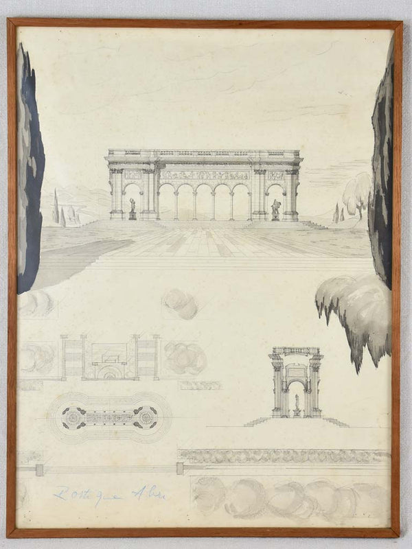 Antique watercolor architectural drawing, beautifully detailed