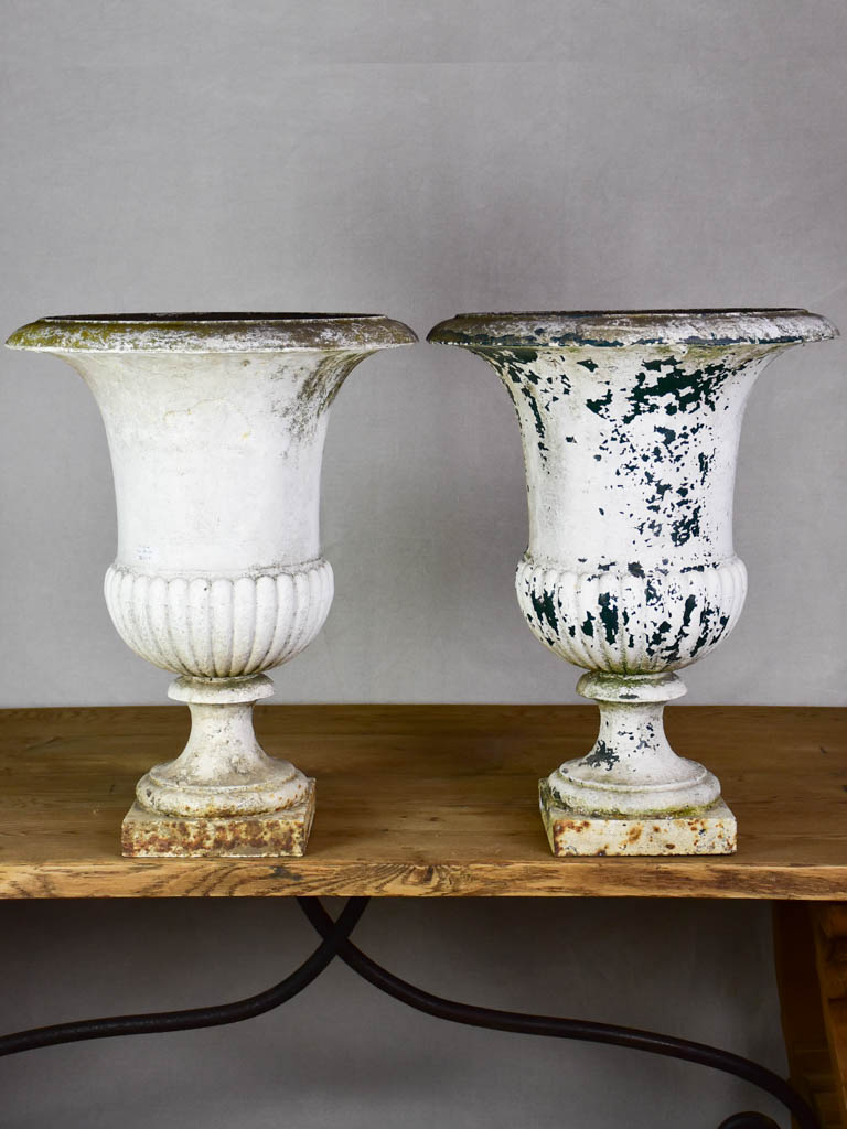 Pair of early 19th Century French Medici urns - cast iron, white 26"