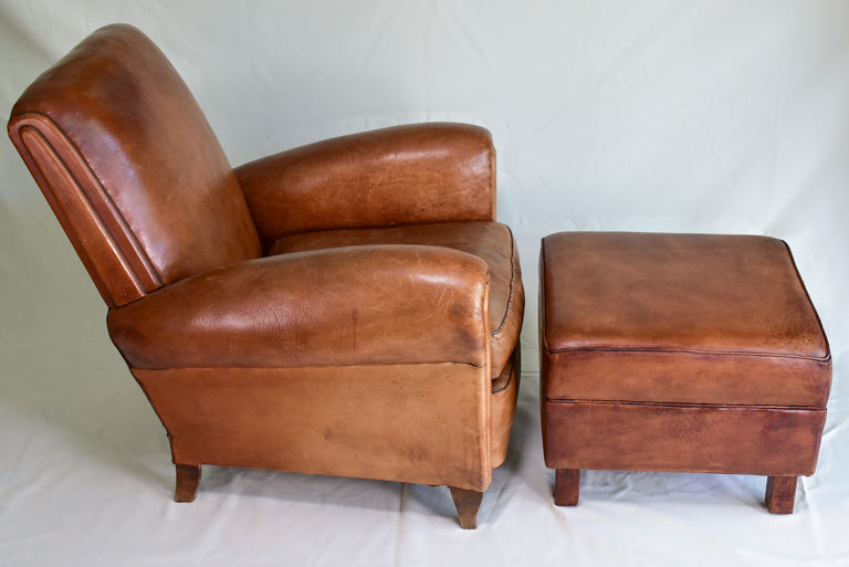 Uniquely patinaed leather footrest