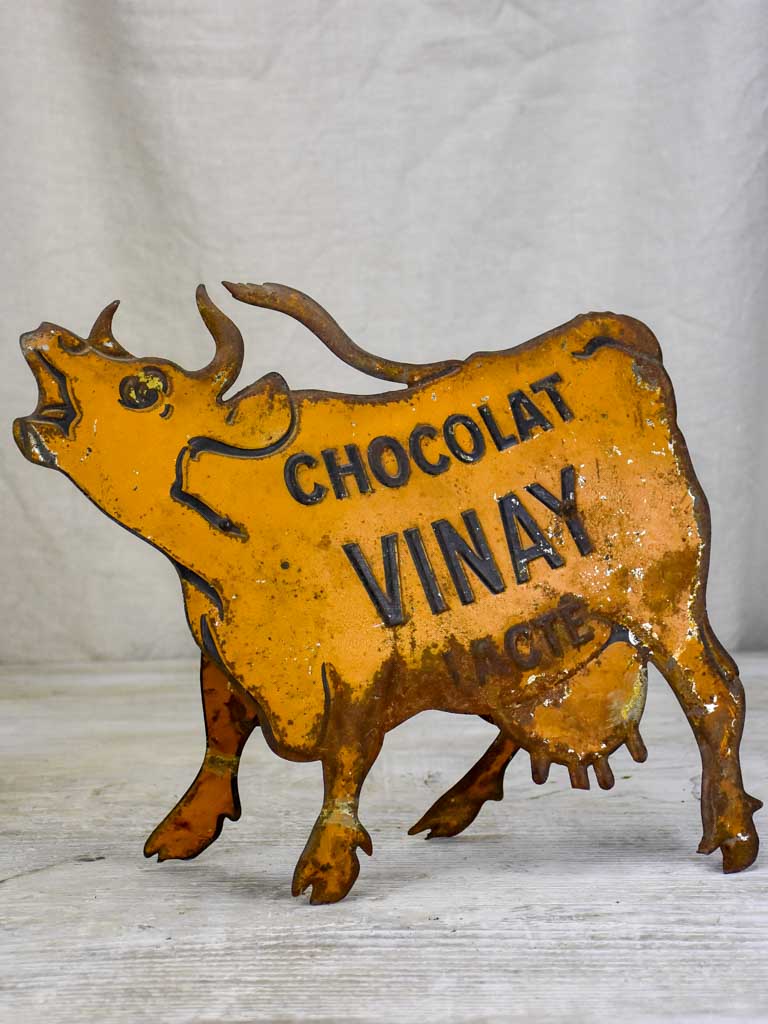 Rare tole lithograph sign of a cow - Chocolat Vinay