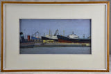 Vintage painting of boats in a harbor, framed signed and dated 15 x 22¾""