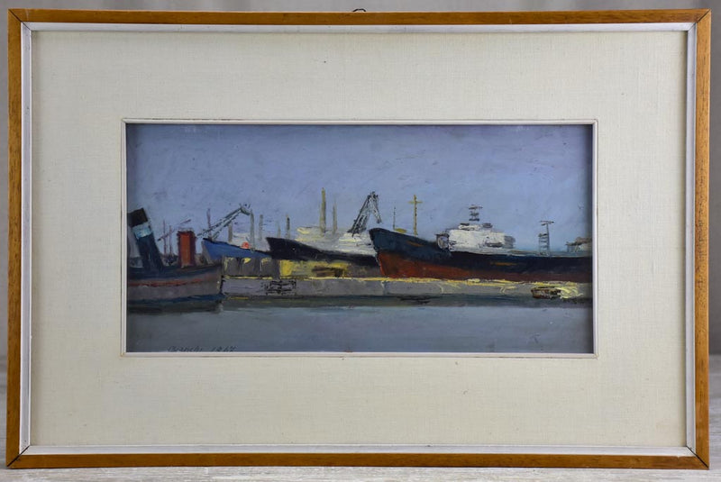 Vintage painting of boats in a harbor, framed signed and dated 15 x 22¾""