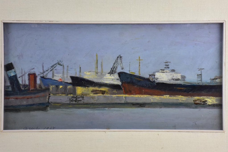Vintage painting of boats in a harbor, framed signed and dated 15 x 22¾""