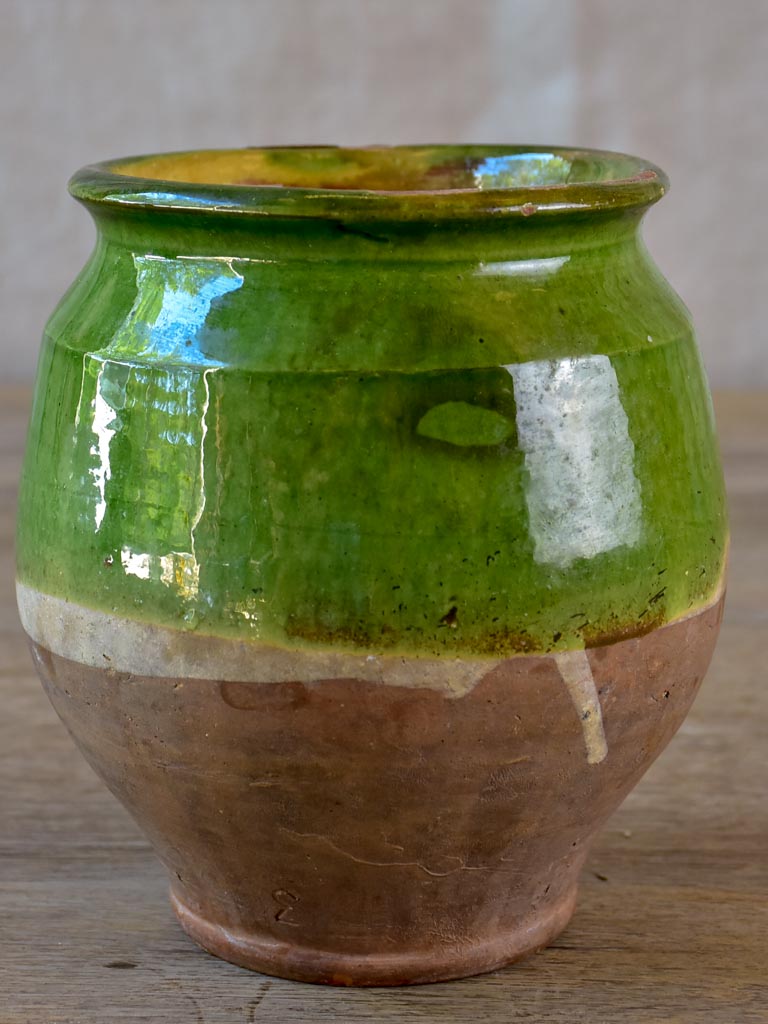 Antique French confit pot with green glaze 6¼"