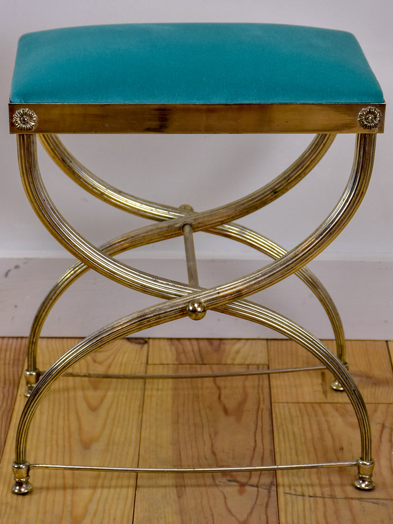 Vintage French footstool with aqua upholstery