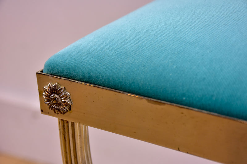 Vintage French footstool with aqua upholstery