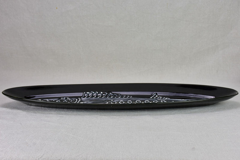 Stunning large black and white fish platter with six plates - Robert Picault for Longchamp 24½"