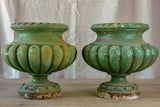 Pair of cast iron French antique garden urns with green patina