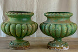Pair of cast iron French antique garden urns with green patina
