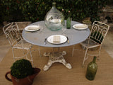 Round table, cast-iron legs, blue & taupe, French