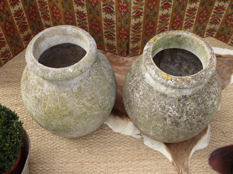 Pair of large French aged garden pots with moss