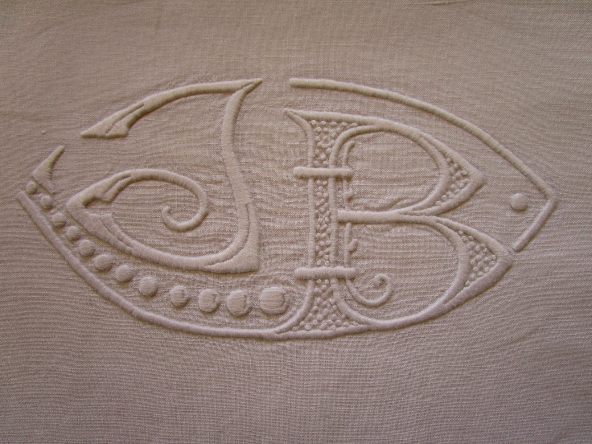 antique french linen bed sheet jb monogram detail
