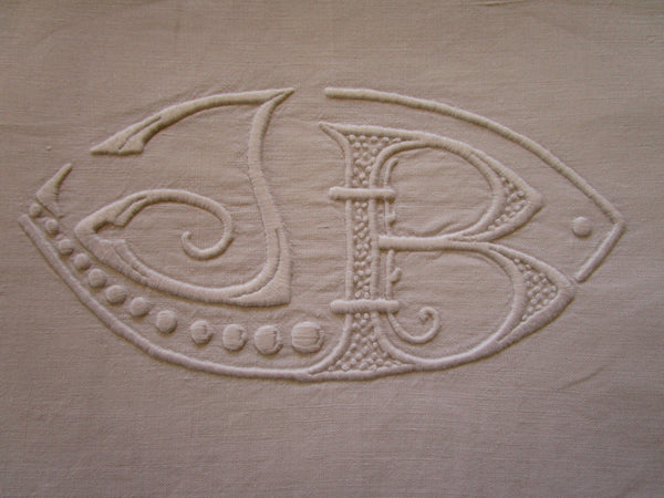 antique french linen bed sheet jb monogram detail