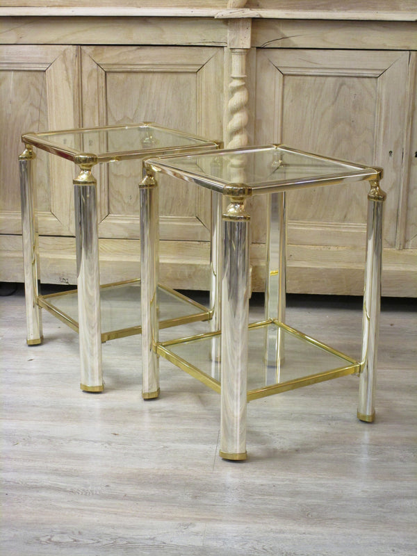 Pair of silver and gold French side tables glass shelves