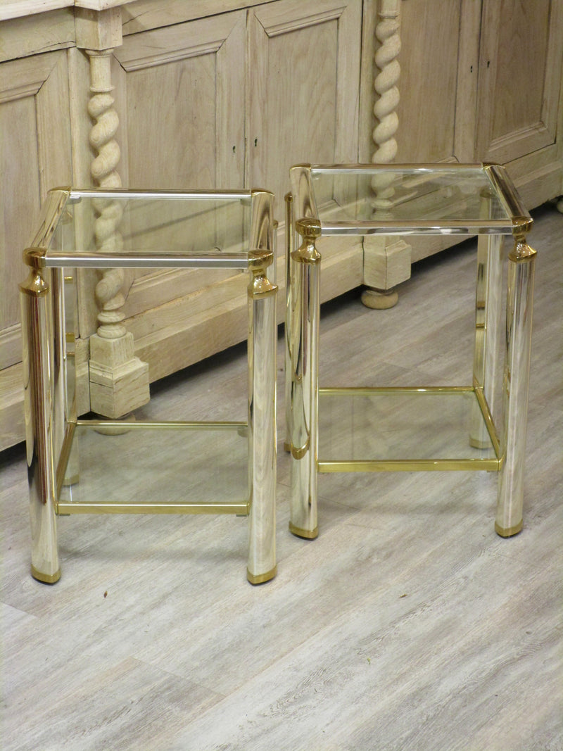 Pair of silver and gold French side tables glass shelves