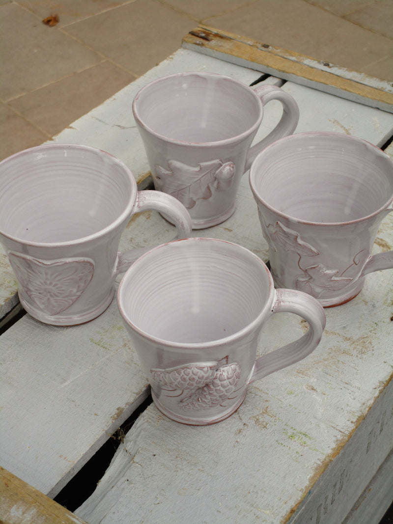 top four glazed mugs bespoke french heart pinecone acorn vine