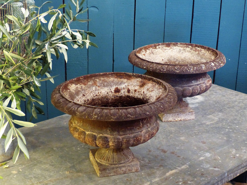 Pair of 19th century French Medici urns garden planters cast iron
