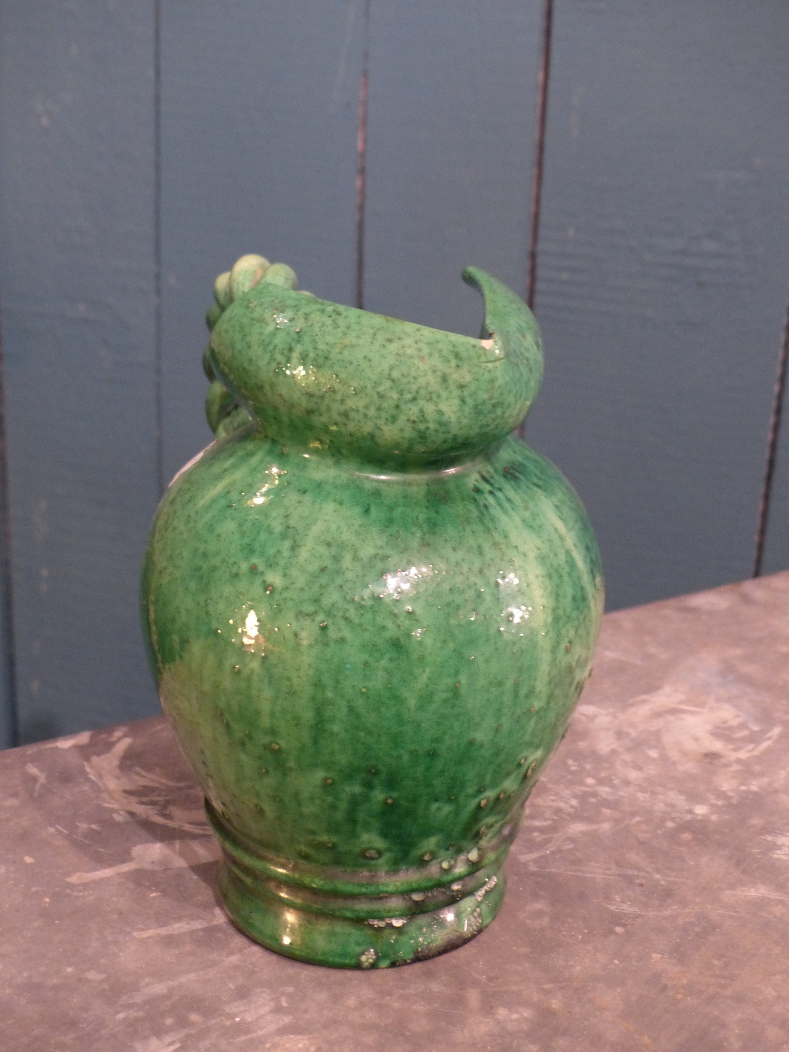 Green vintage pitcher water jug French mid century pottery