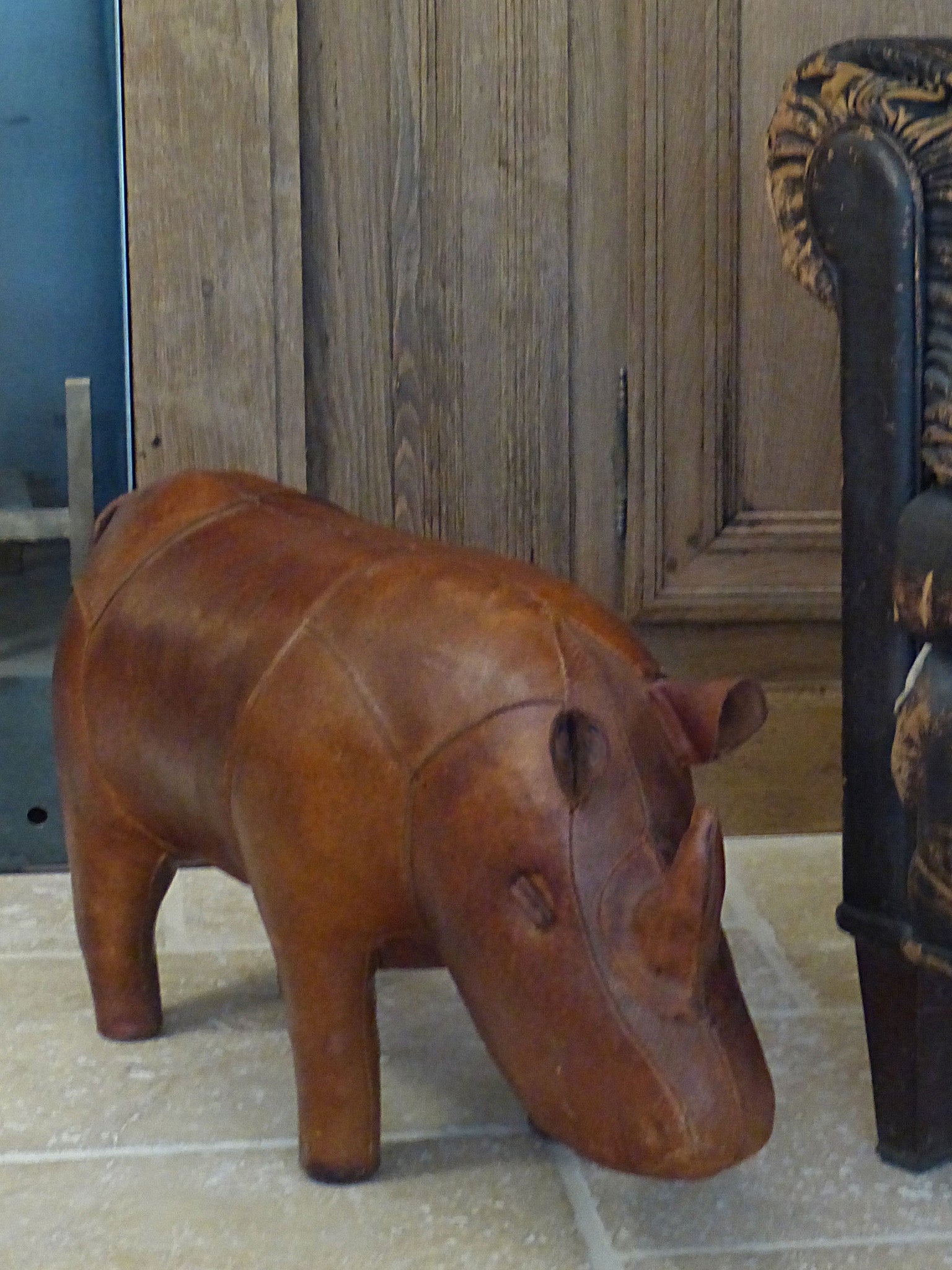 Mid century modern leather foot rest rhino spanish 1950's collectible