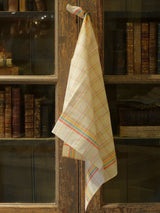 Pair of fine linen tea towels with red yellow green check - 1940's
