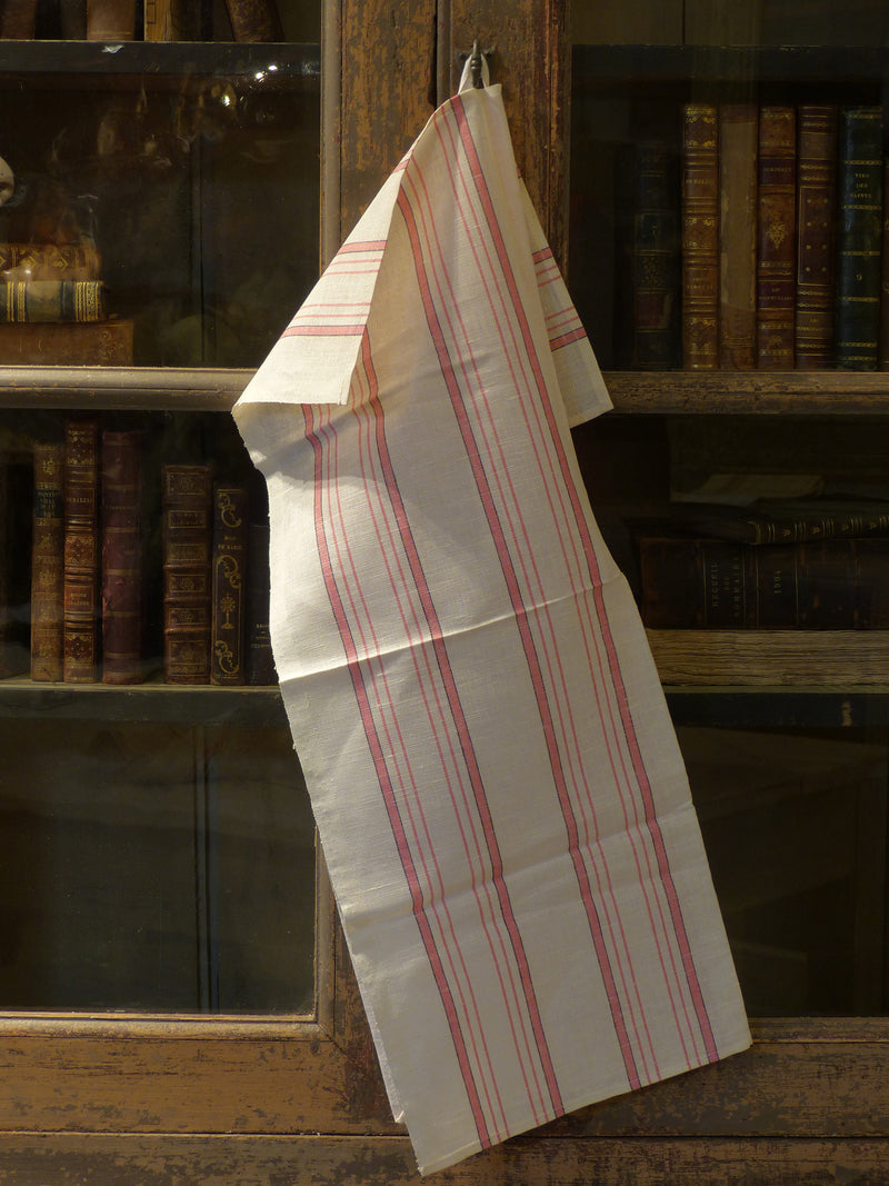 Fine linen tea towel with pink stripe - 1940's