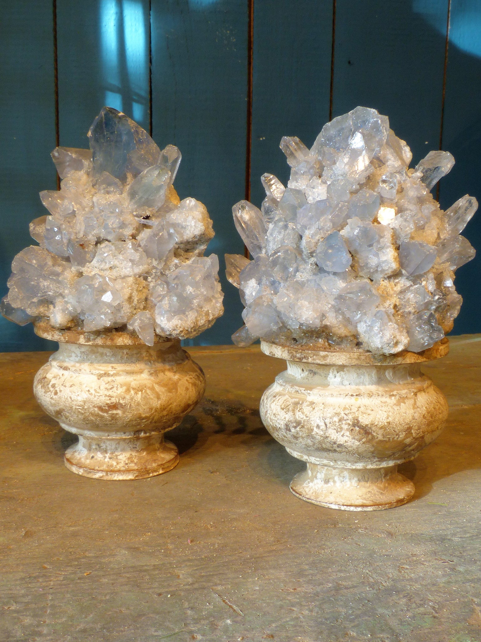 Pair of mounted blue crystal geodes – 19th century