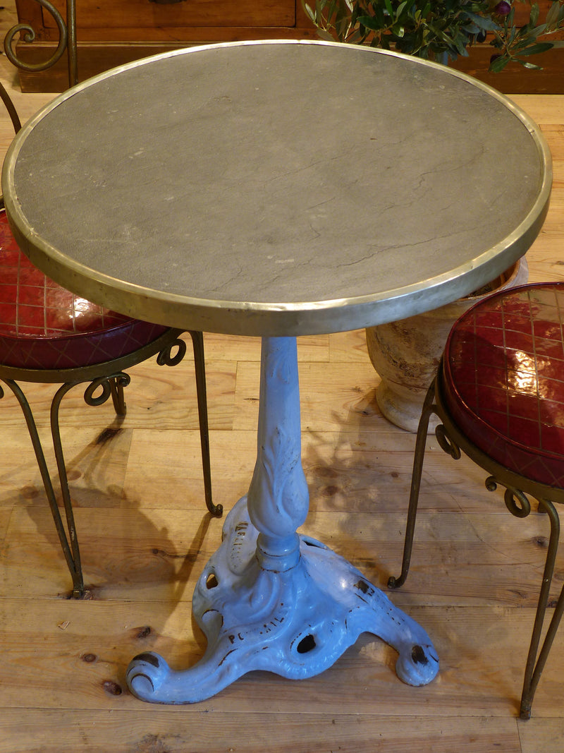 Bistro table, black marble top with blue stand