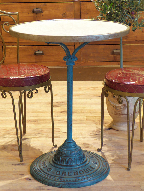 Round carrara marble top bistro table with blue / green stand - Grenoble
