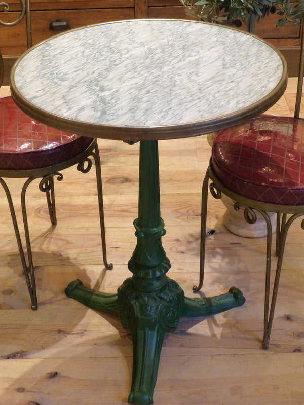 Bistro table, round marble top, green stand, Paris