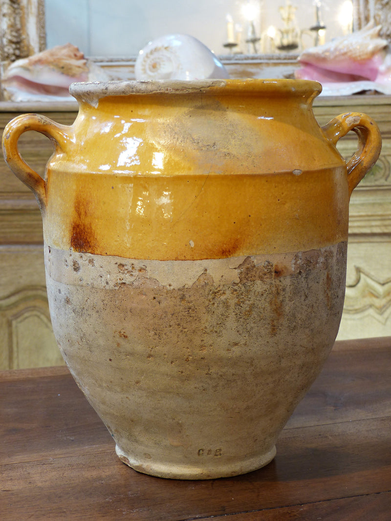19th century French confit pot with orange glaze - 11¾"?