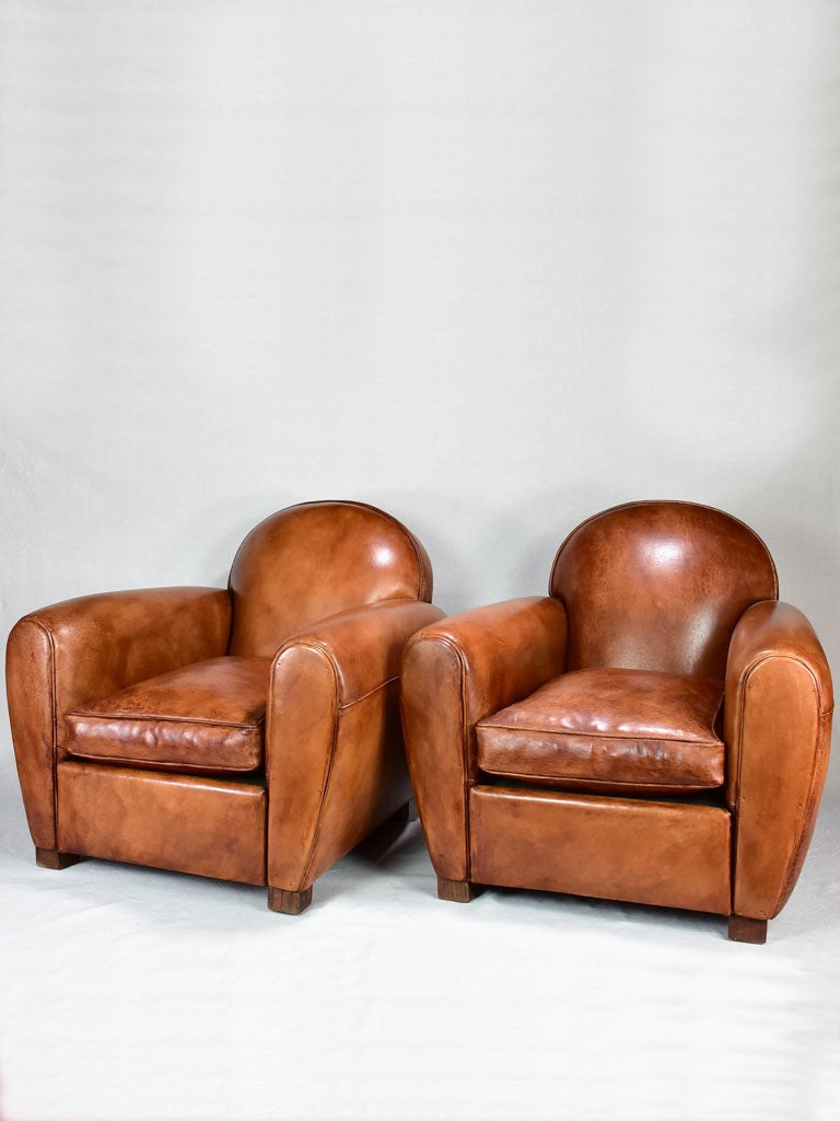 Vintage bespoke French leather club chairs