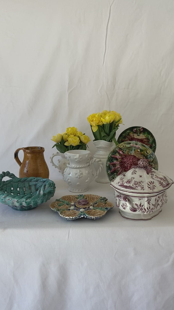 Mottled turquoise ceramic fruit bowl w/ handles - signed Idlas 10¼"