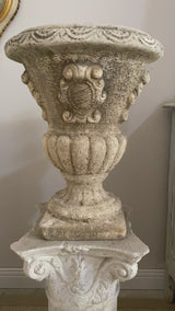 Pair of Medici shaped planters with coat of arms 20"