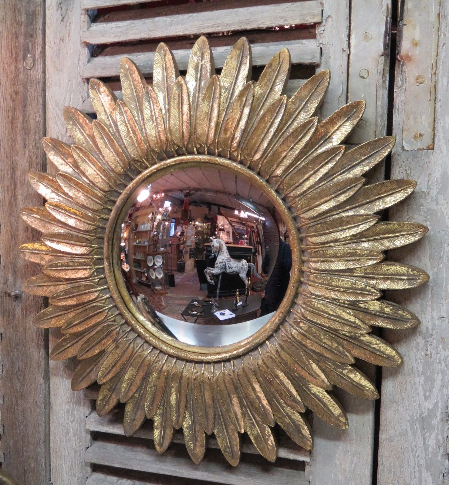 Vintage sunburst mirror - feather frame and convex mirror 23 ½'' diameter