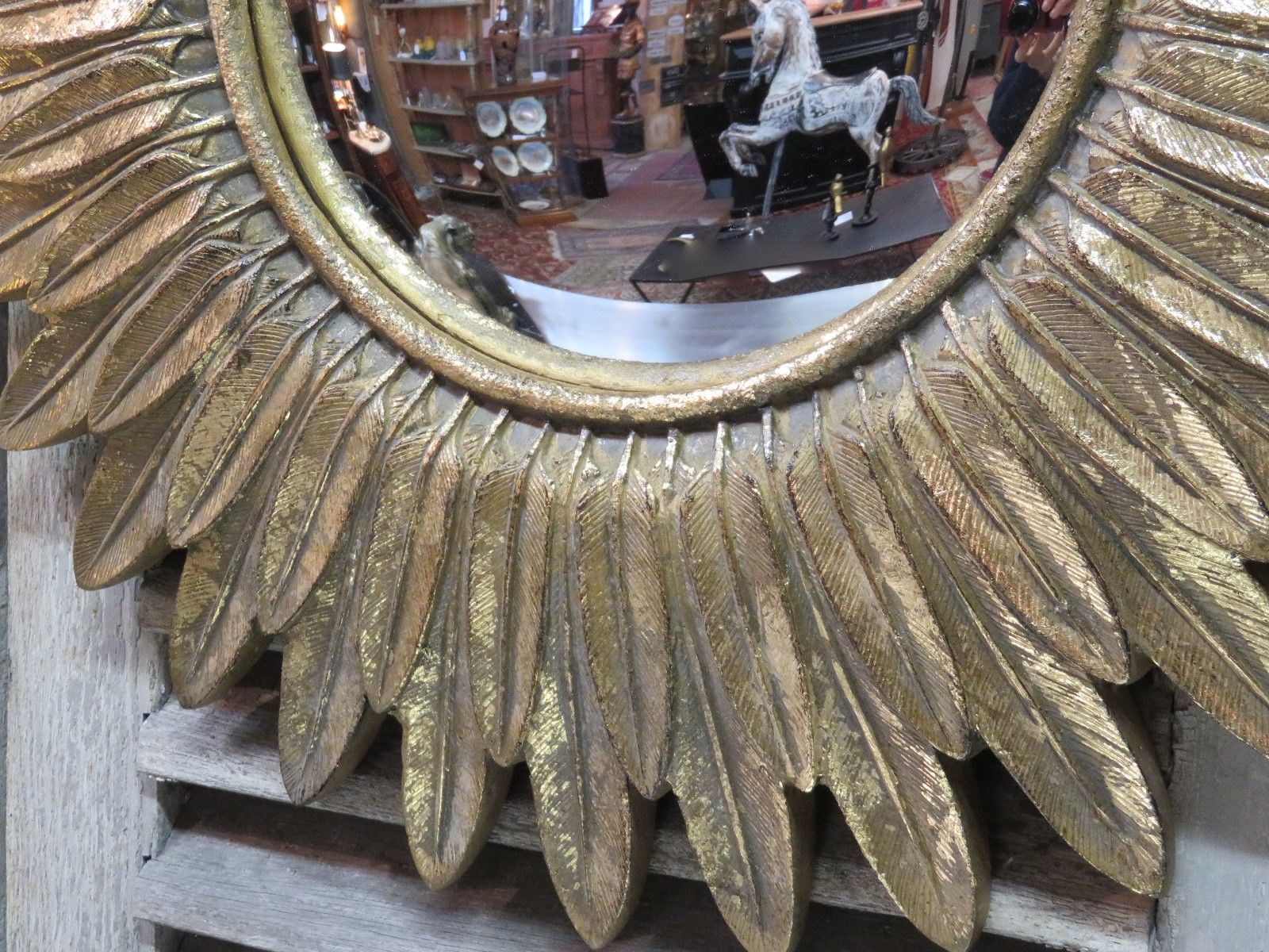 Vintage sunburst mirror - feather frame and convex mirror 23 ½'' diameter