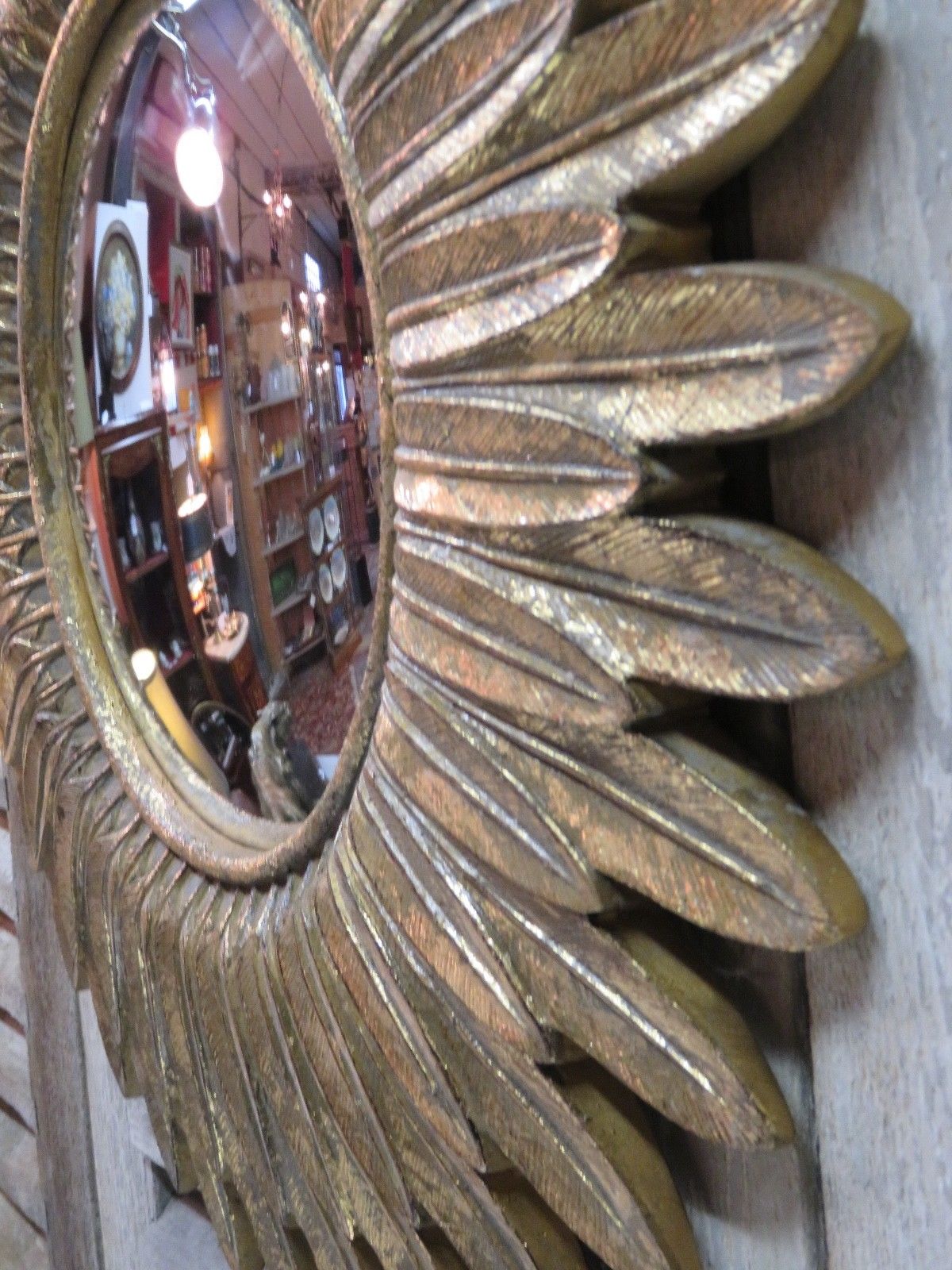 Vintage sunburst mirror - feather frame and convex mirror 23 ½'' diameter