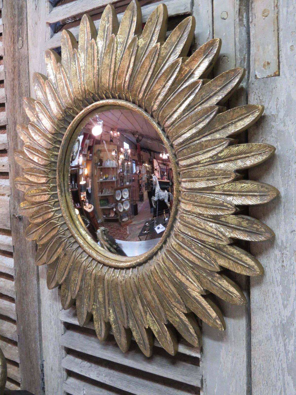 Vintage sunburst mirror - feather frame and convex mirror 23 ½'' diameter