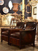 Pair of 1920’s French club chairs with dark leather