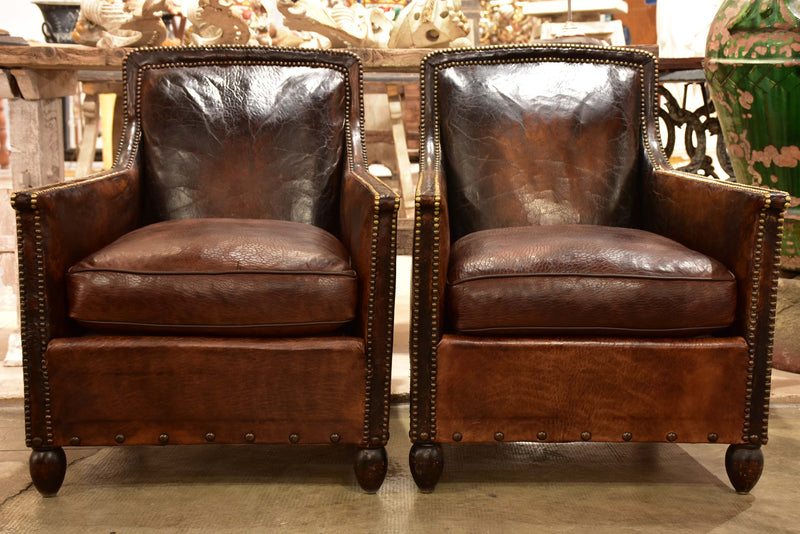Pair of 1920’s French club chairs with dark leather