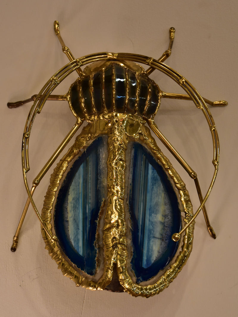 Vintage Duval Brasseur beetle wall sconce – blue agate, bronze and brass