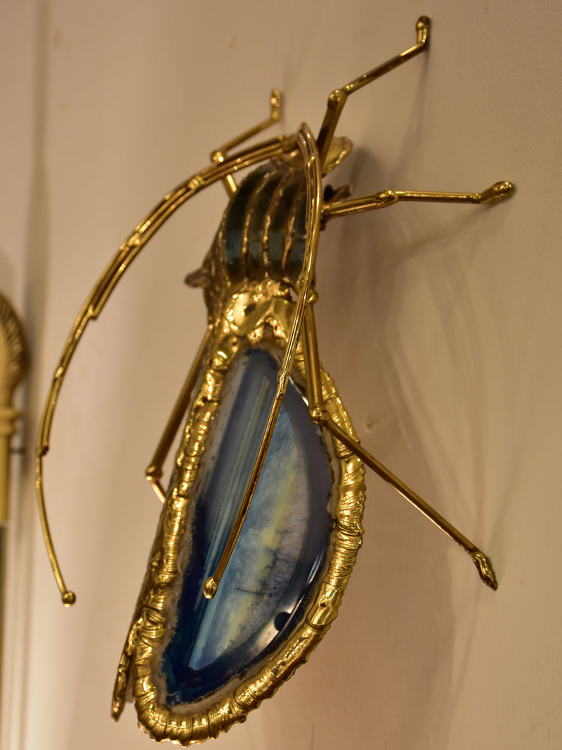 Vintage Duval Brasseur beetle wall sconce – blue agate, bronze and brass